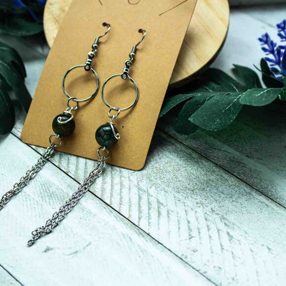 Emerald Green Agate Bead Dangle Earrings with Stainless Steel Chain - Picture 8 of 8